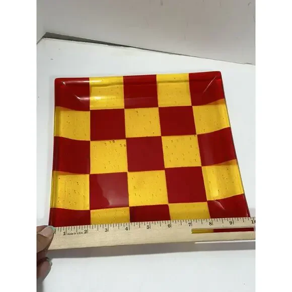 Art glass Plate Chess checked Red & Yellow 10” Square Dish